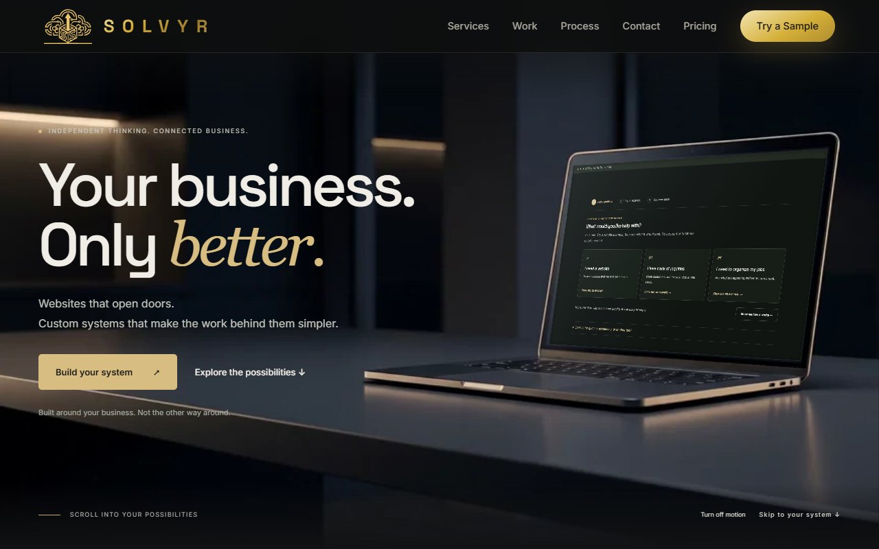 SOLVYR Solutions website with its cinematic laptop opening